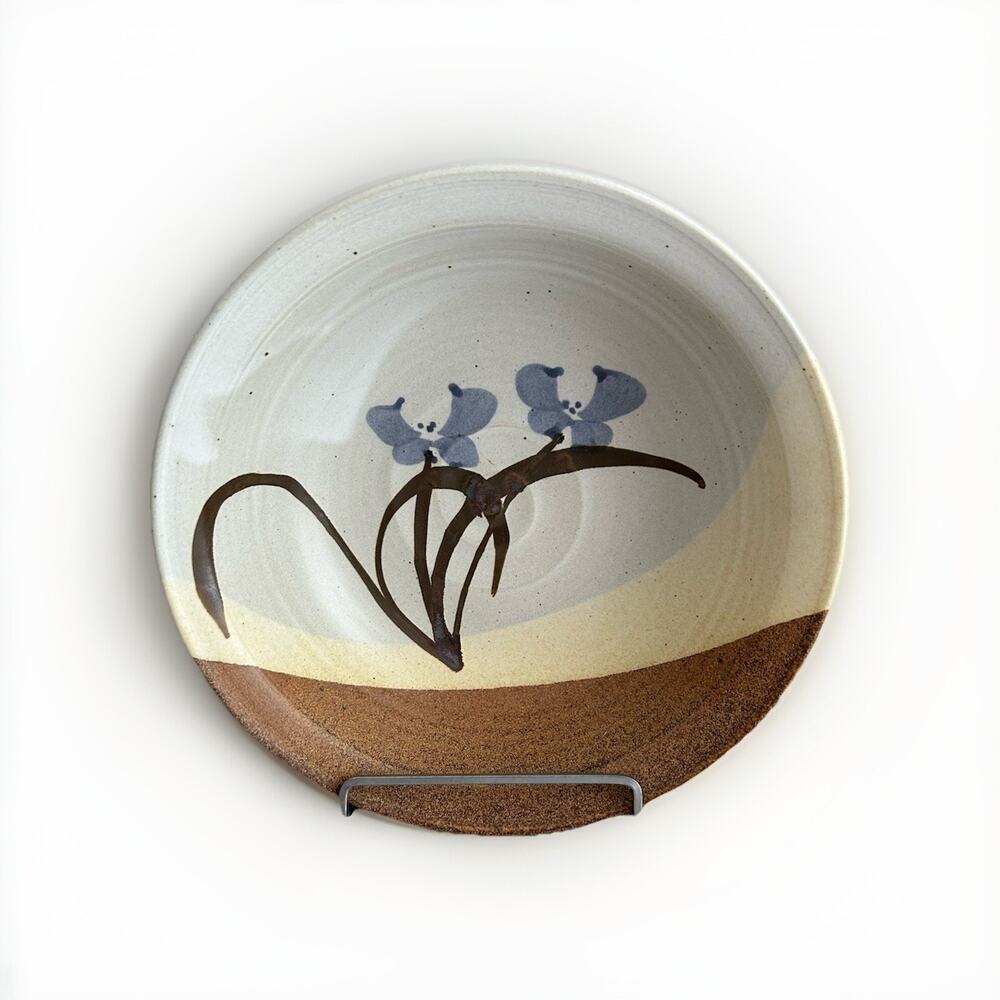 11 1/4” Stoneware Bowl Signed (Gary) Shaffer Blue Flowers Brown Yellow Dish
